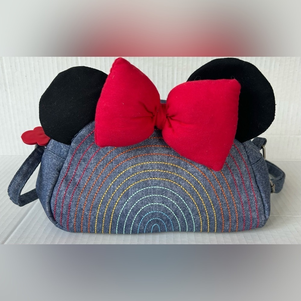 DISNEY MINNIE MOUSE DENIM CROSSBODY RAINBOW, 3D BOW/EARS, ADJUSTABLE STRAP - Picture 2 of 7